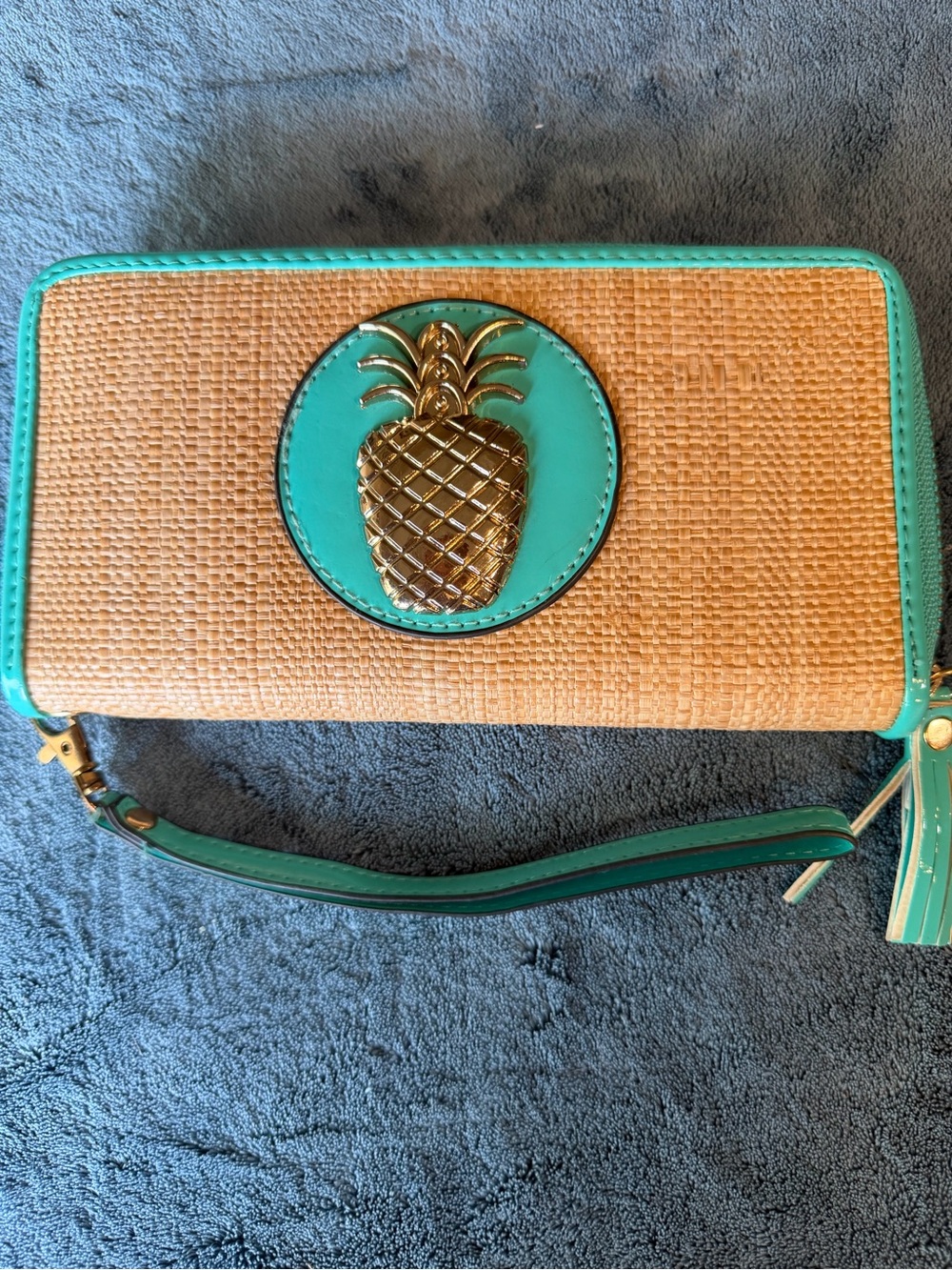 Woven Straw Wristlet Clutch with Teal Trim and Gold Pineapple Accent